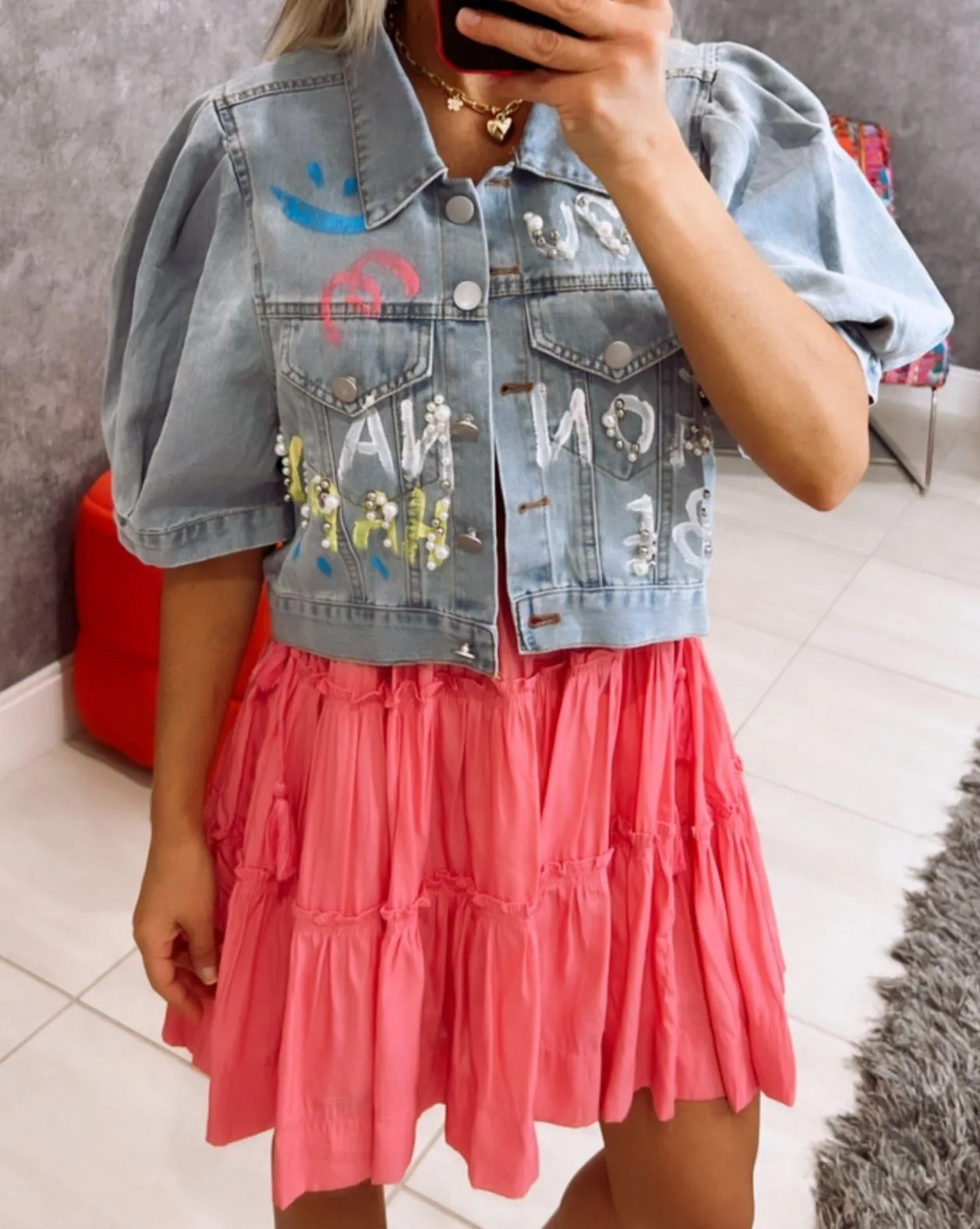1482 Button down print denim jacket