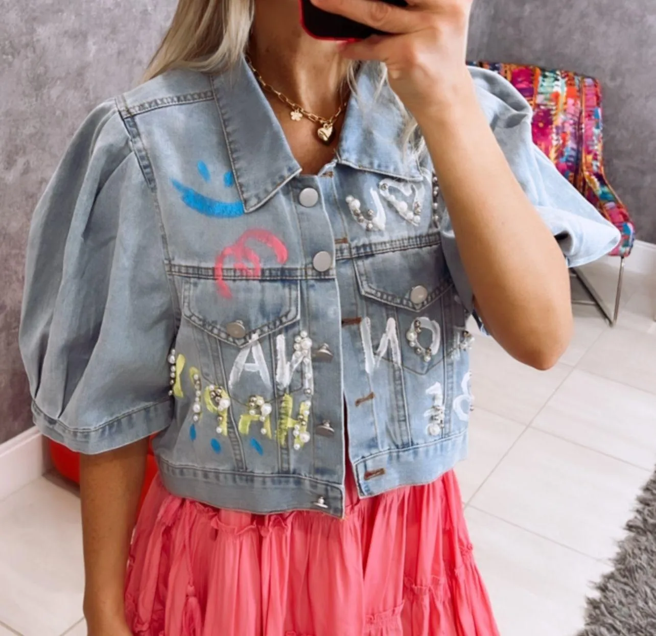 1482 Button down print denim jacket