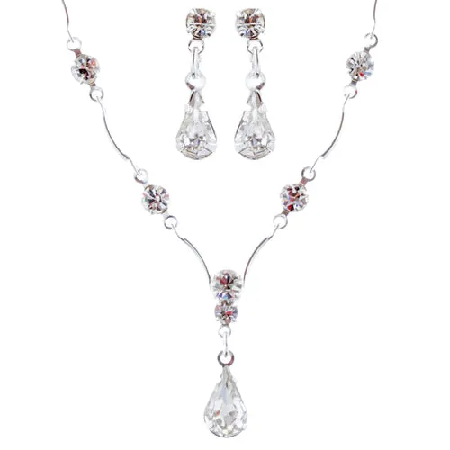 Bridal Wedding Jewelry Set Crystal Rhinestone Classy Y Drop Necklace Silver
