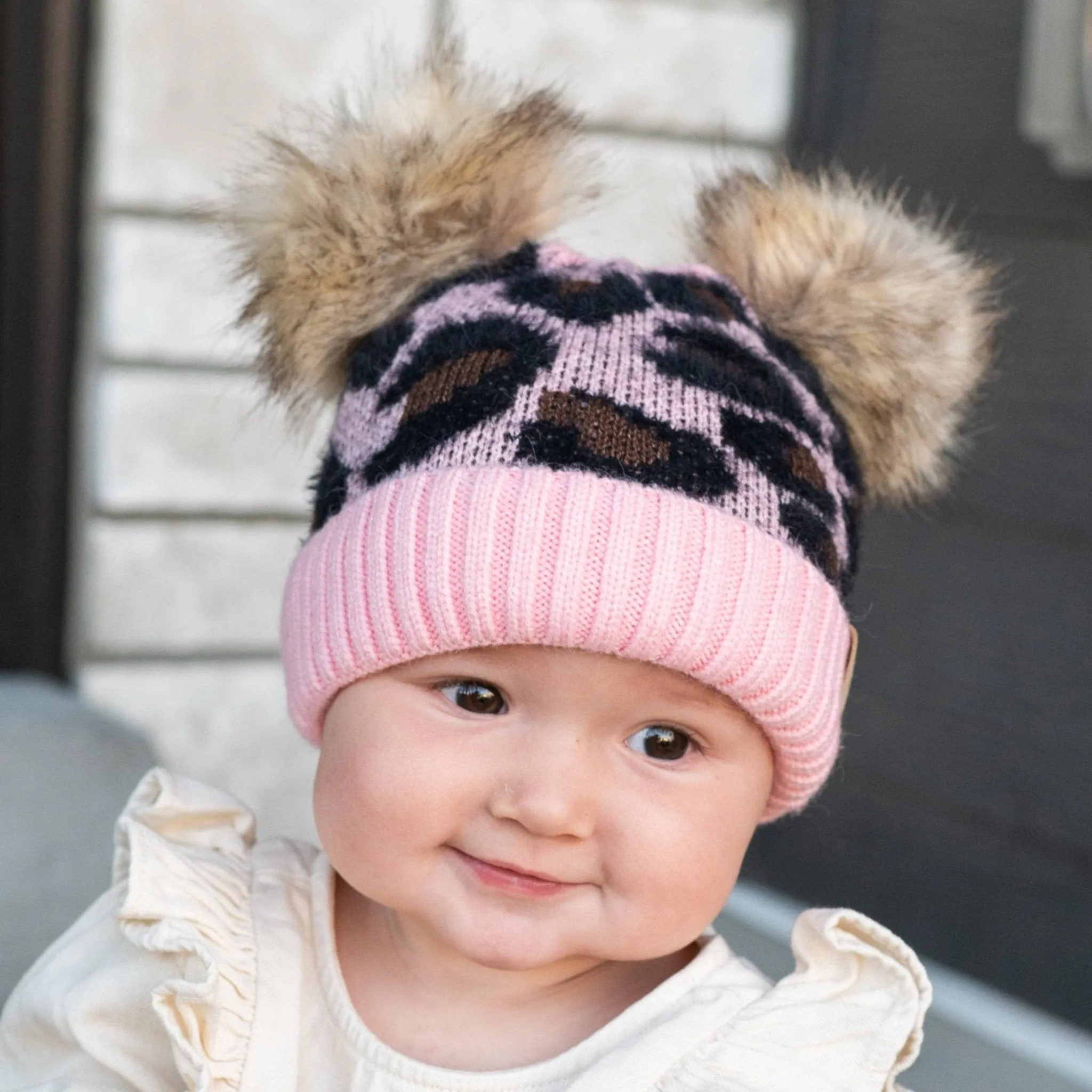 CC Double Pom Baby & Kids Leopard Beanies Hats