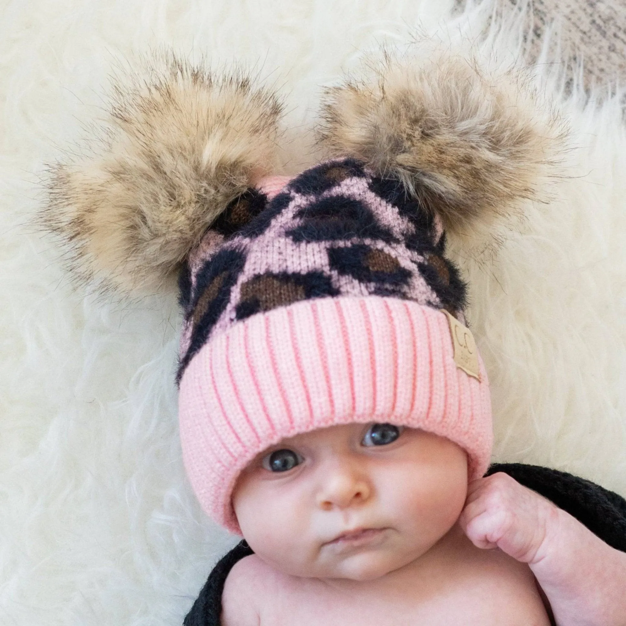 CC Double Pom Baby & Kids Leopard Beanies Hats