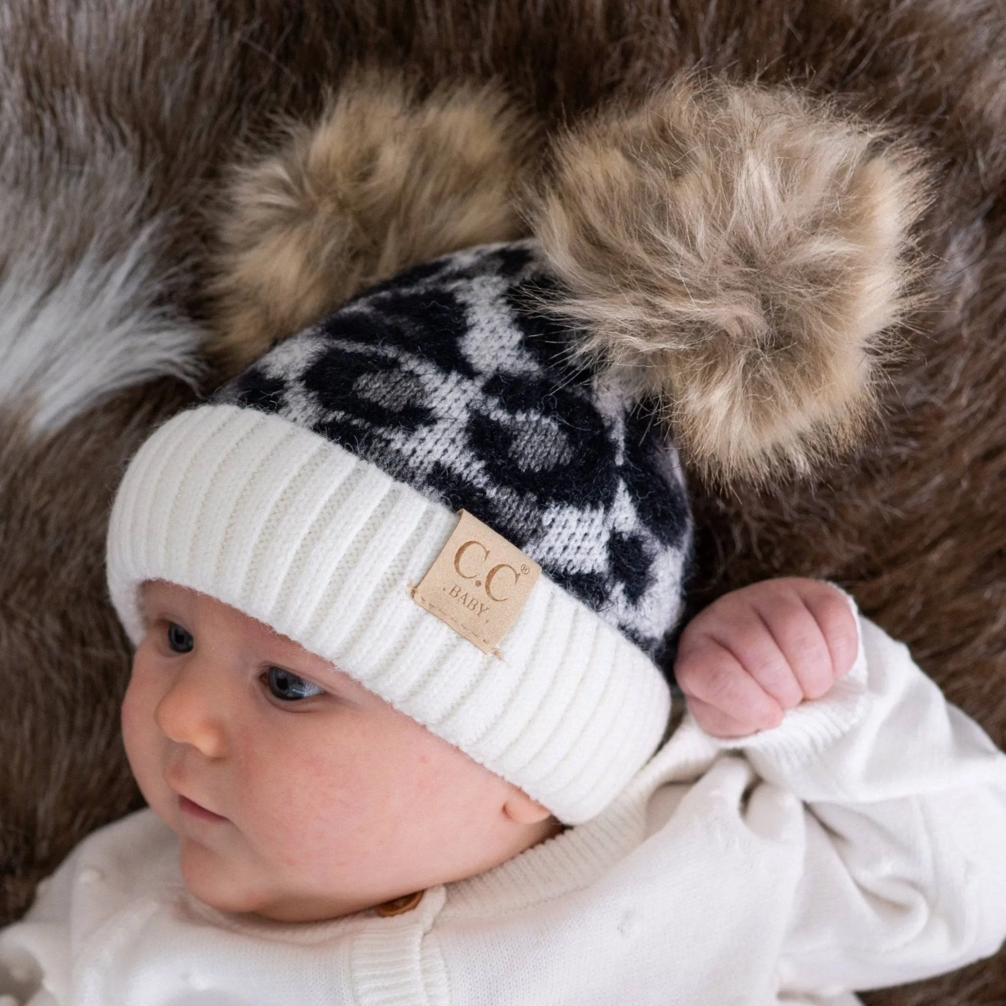 CC Double Pom Baby & Kids Leopard Beanies Hats