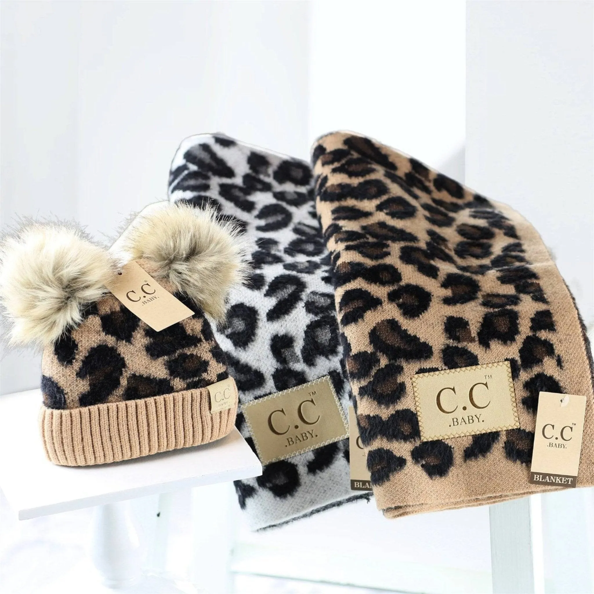 CC Double Pom Baby & Kids Leopard Beanies Hats