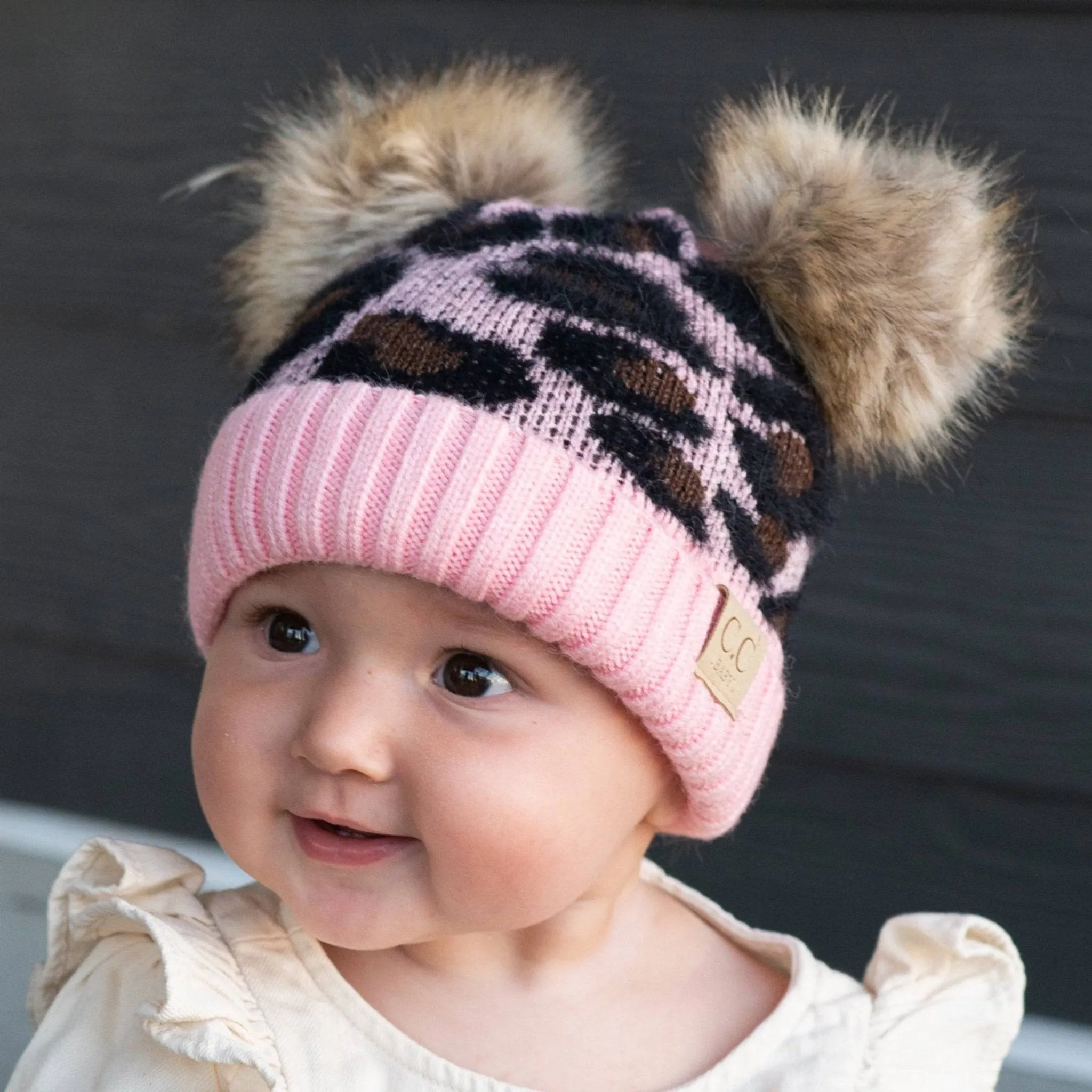 CC Double Pom Baby & Kids Leopard Beanies Hats