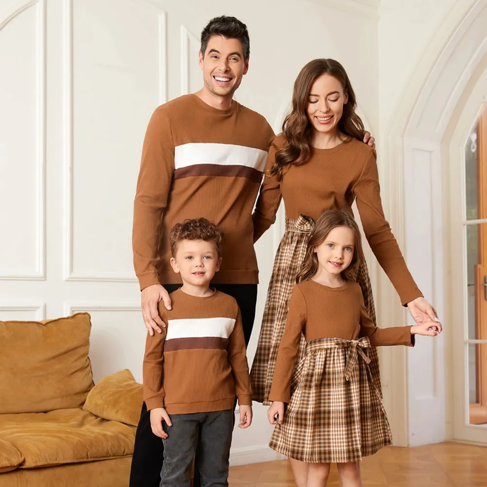 Family Matching Plaid Dresses And Casual Sweatshirts Set