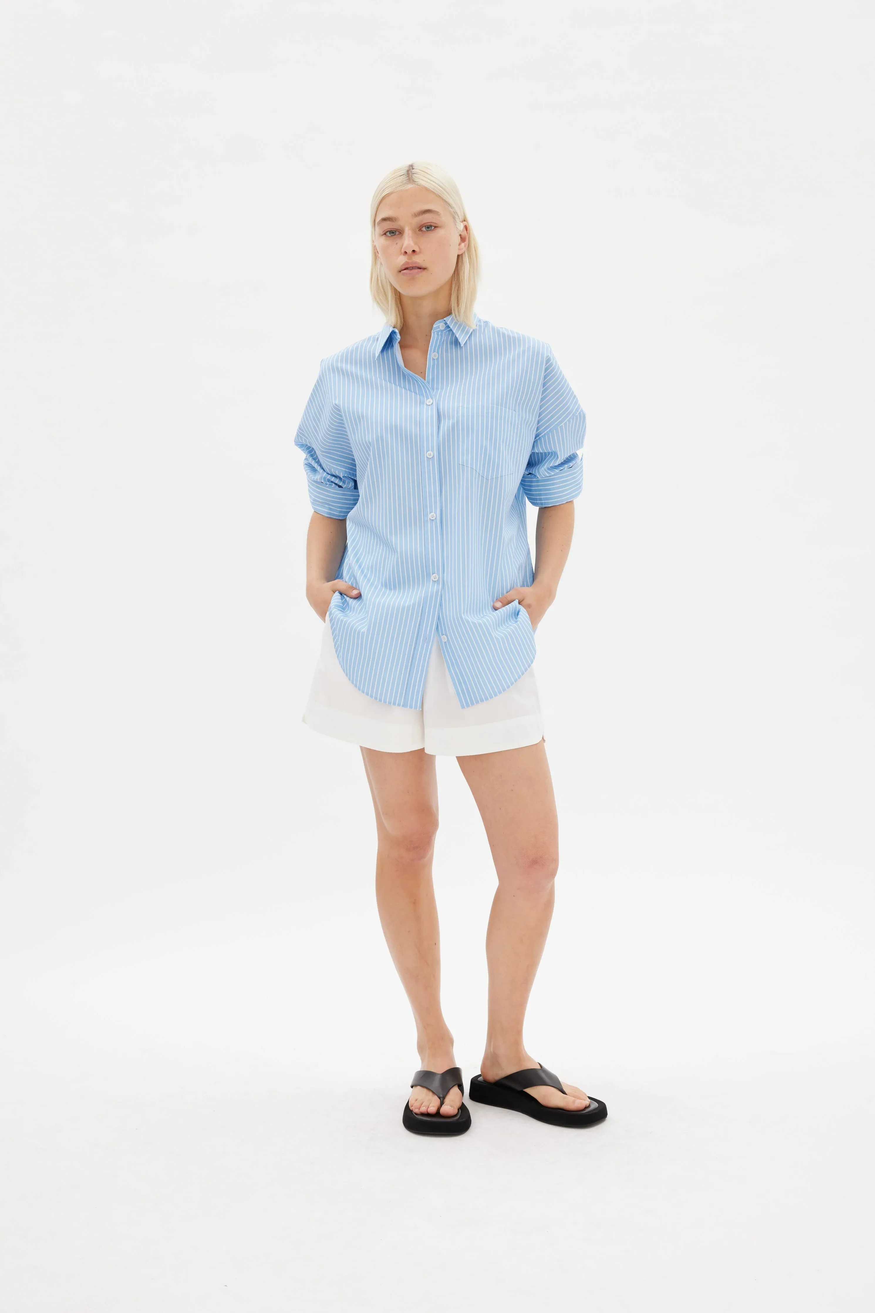 LMND Chiara Mid Length Stripes Shirt - Lagoon/White