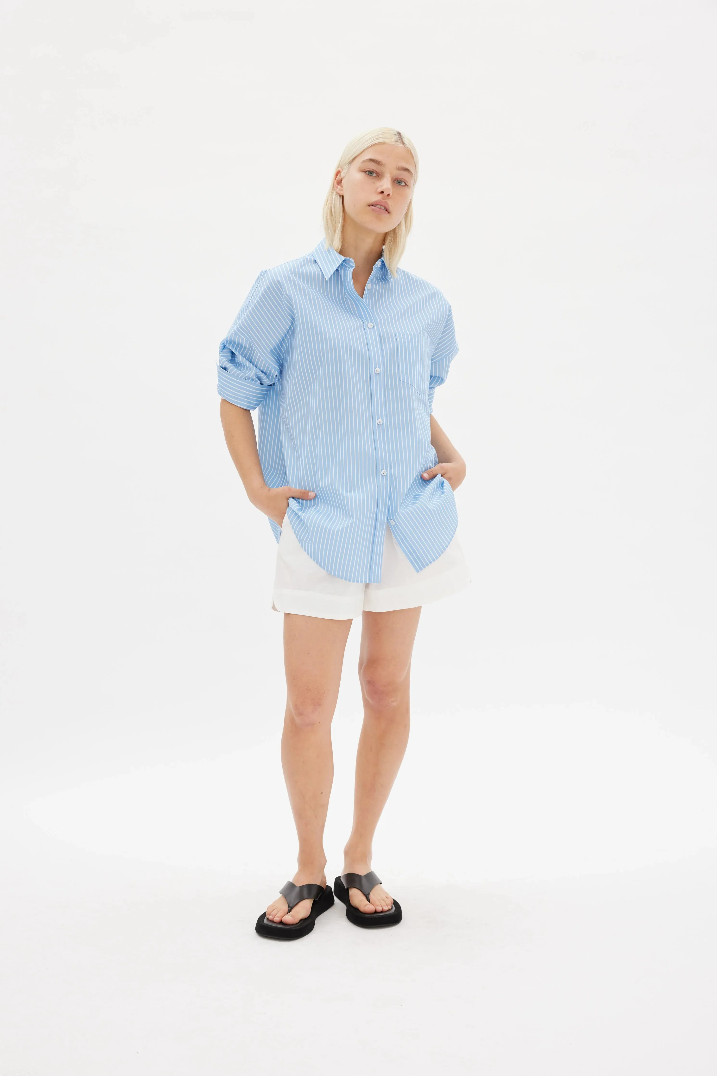 LMND Chiara Mid Length Stripes Shirt - Lagoon/White