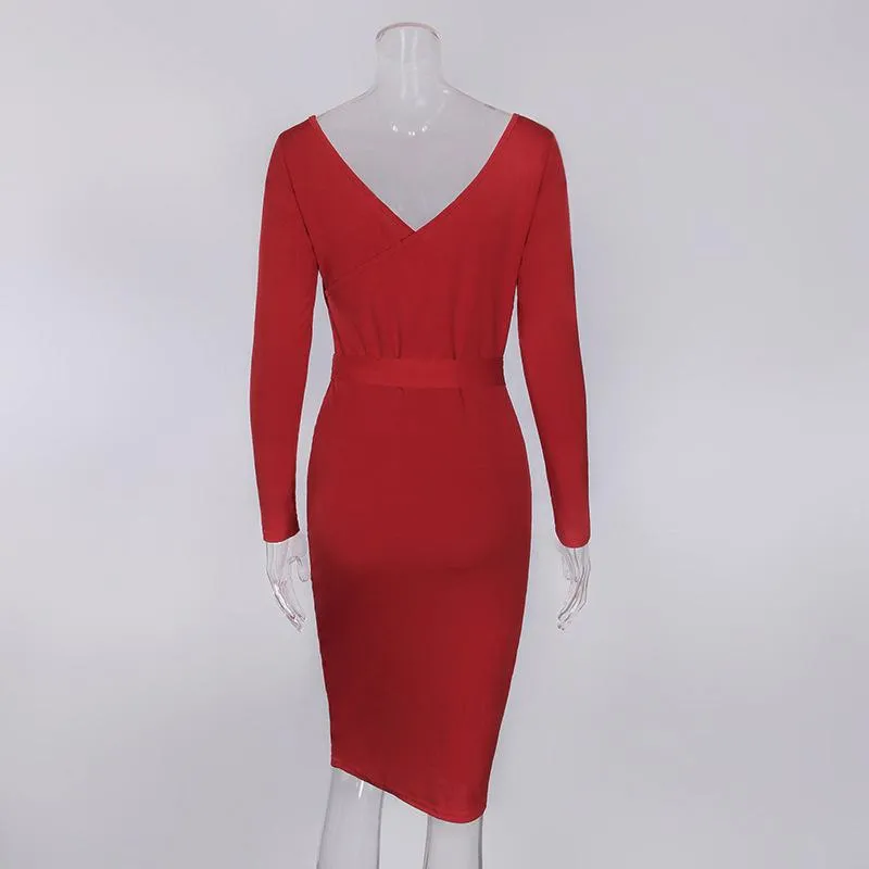 Long Sleeve V-Neck Sexy Solid Color Dress