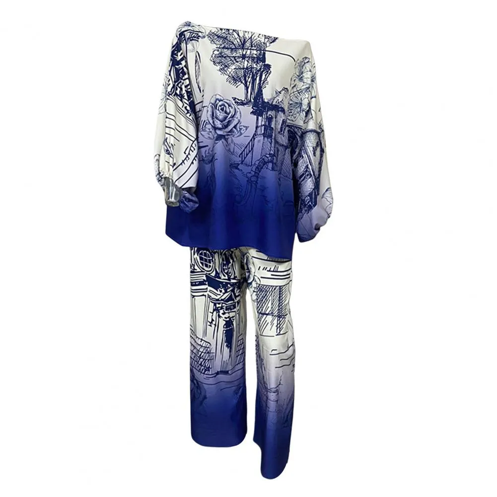 Printed One Shoulder Top and Straight Trousers for Women Vintage Chic Outfit for Lady Monochrome Dolman Sleeves 2 Pieces  B305278