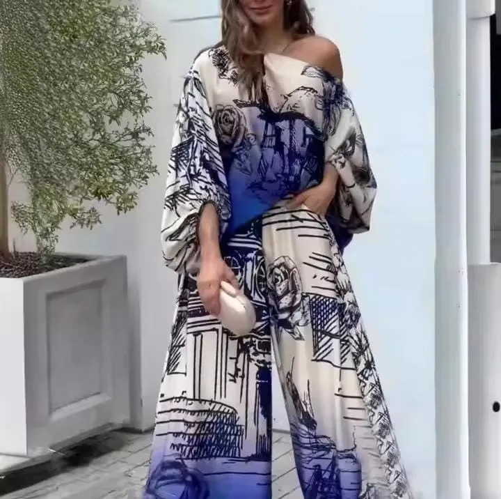 Printed One Shoulder Top and Straight Trousers for Women Vintage Chic Outfit for Lady Monochrome Dolman Sleeves 2 Pieces  B305278