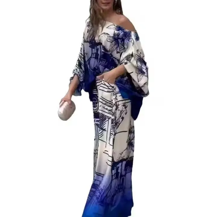 Printed One Shoulder Top and Straight Trousers for Women Vintage Chic Outfit for Lady Monochrome Dolman Sleeves 2 Pieces  B305278