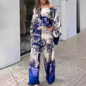Printed One Shoulder Top and Straight Trousers for Women Vintage Chic Outfit for Lady Monochrome Dolman Sleeves 2 Pieces  B305278