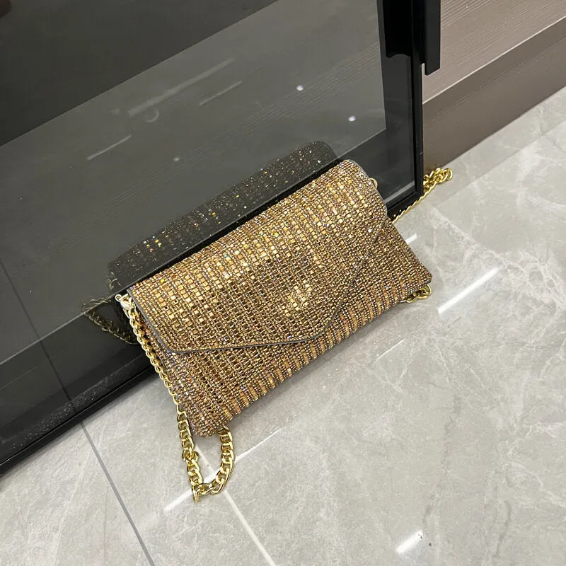 Rhinestone Square Chain Crossbody Envelope Bag-Showtown