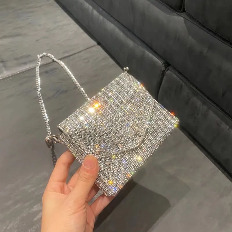 Rhinestone Square Chain Crossbody Envelope Bag-Showtown