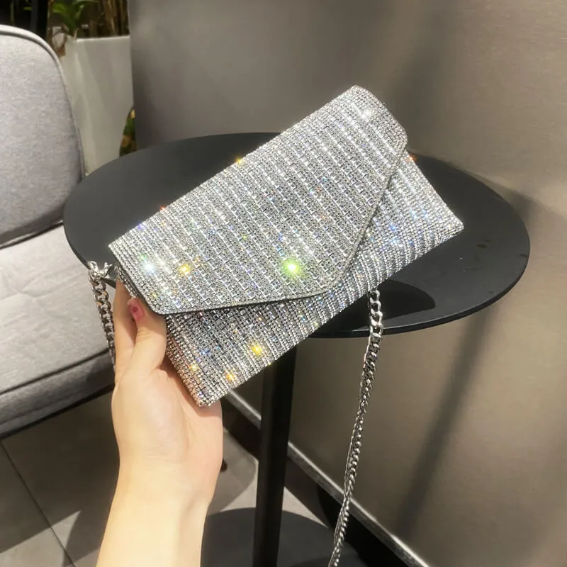 Rhinestone Square Chain Crossbody Envelope Bag-Showtown